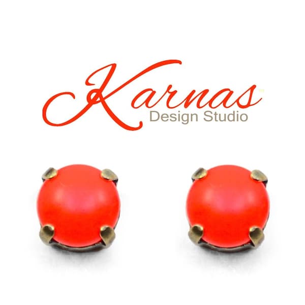 HOT ORANGE FIRE Pearl 8mm Stud or Drop Earrings *Genuine Crystal *Pick Your Finish *Karnas Design Studio™ *Free Shipping