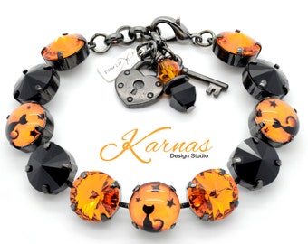 HALLOWEEN BLACK CAT 12mm Charm Bracelet Made With K.D.S. Premium Crystal *Choose Your Finish *Karnas Design Studio™ *