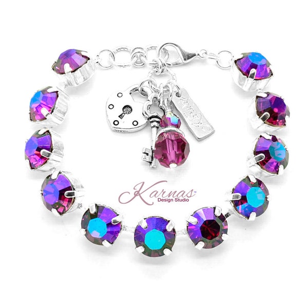 FUCHSIA GLACIER BLUE 11mm Charm Bracelet Made With K.D.S. Premium Crystal *Pick Your Metal *Karnas Design Studio *Free Shipping*