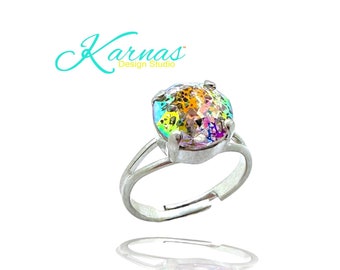 Graffiti Adjustable Solitaire Ring 10mm *Genuine Crystal *Silver or Gold *Karnas Design Studio™