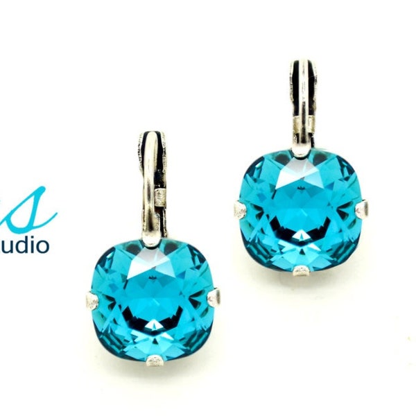 INDICOLITE 12mm Crystal Cushion Cut Drop Earrings Made With K.D.S. Premium *Antique Silver *Karnas Design Studio *Free Shipping*