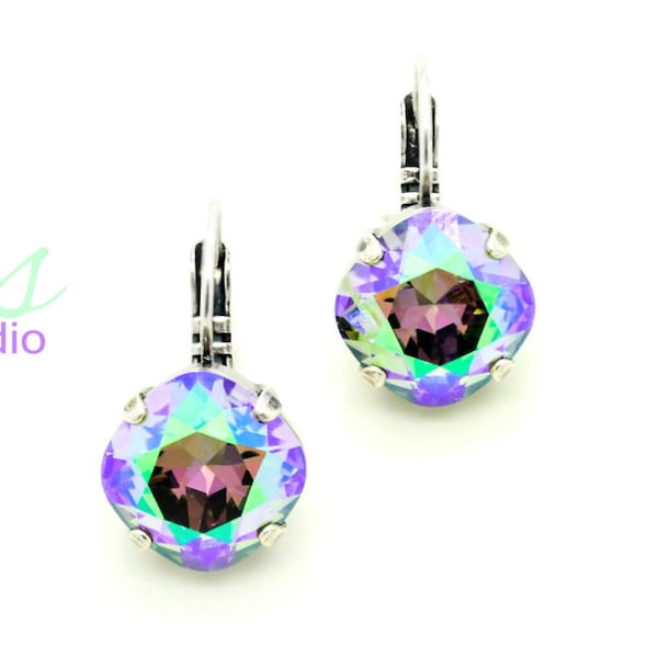 HARLEQUIN ORCHID 12mm Drop Leverback Cushion Cut Earrings K.D.S. Premium Crystal *Pick Your Finish *Karnas Design Studio *Free Shipping