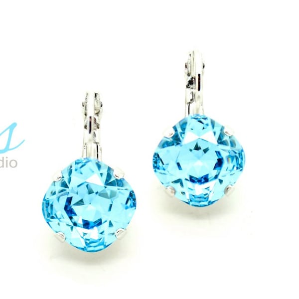 AQUAMARINE 12MM Cushion Cut Crystal Drop Earrings Made With K.D.S. Premium Crystal  *Pick Your Finish *Karnas Design Studio *Free Shipping*