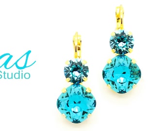 INDICOLITE & LT TURQUOISE 12mm/8mm Cushion Cut Earrings K.D.S. Premium Crystal *Choose Your Finish *Karnas Design Studio™ *Free Shipping*