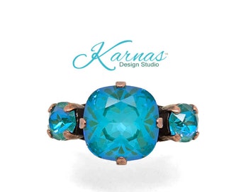 RADIANT BLUE NILE 3-Stone 12mm/6mm Cushion Cut  Ring *K.D.S. Premium Crystal *Choose Your Finish *Karnas Design Studio™ *Free Shipping