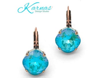 RADIANT BLUE NILE 12mm Cushion Cut Drop or Stud Earrings K.D.S. Premium Crystal *Pick Your Finish *Karnas Design Studio™ *Free Shipping