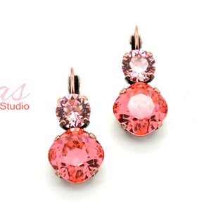 PADPARADSCHA and FUSION PEACH 12mm/8mm K.D.S. Premium Crystal Cushion Cut Earrings *Pick Your Finish *Karnas Design Studio™ *Free Shipping*