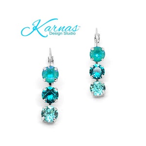 TURQUOISE WATERS 3-Stone 8mm Drop Leverback Earrings *K.D.S. Premium Crystal *Choose Your Finish *Karnas Design Studio™ *Free Shipping