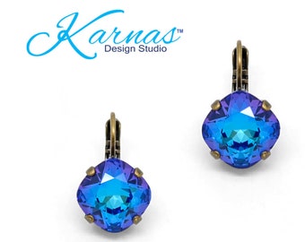 RADIANT ADMIRAL BLUE 12mm Cushion Cut Drop or Stud Earrings *Genuine Crystal *Pick Your Finish *Karnas Design Studio™ *