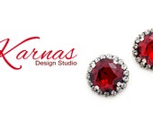 SIAM RED 12mm Crystal Cushion Cut Halo Stud Earrings Made With K.D.S. Premium Antique Silver Karnas Design Studio Free Shipping