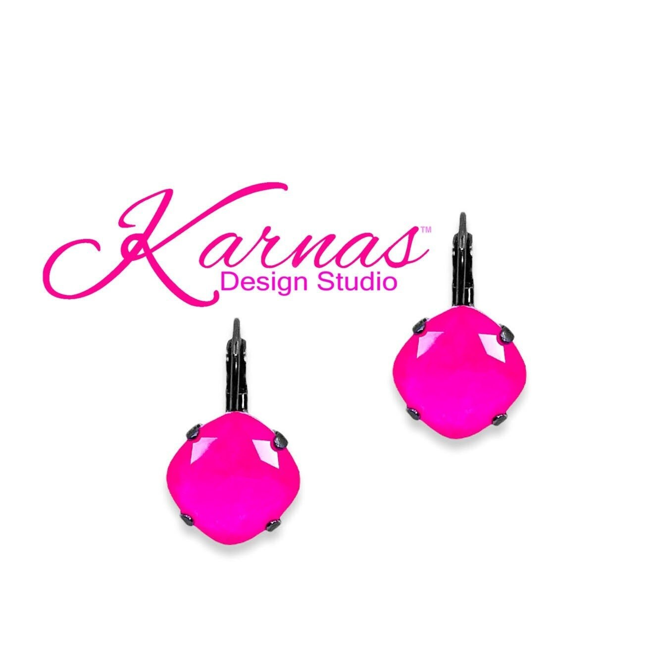 ELECTRIC PINK 12mm Cushion Cut Stud or Drop Earrings Genuine Crystal *Choose Your Finish *Karnas Design Studio *Free Shipping