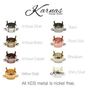 May include: A set of ten metal connector pieces in various finishes, including antique silver, black, antique brass, rose gold, rhodium, antique copper, yellow gold, and shiny silver. The text "All KDS metal is nickel free." is printed below the connector pieces.