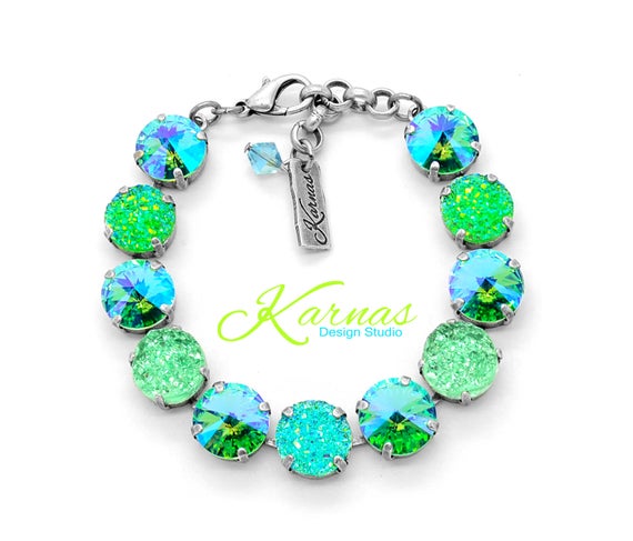 GREEN WITH ENVY 12mm Rivoli & Druzy Bracelet Made With K.D.S. Premium Crystal *Choose Your Finish *Karnas Design Studio™ **