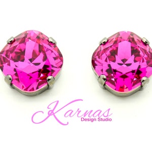 Pendientes colgantes o de botón con corte cojín color fucsia de 12 mm *Cristal premium K.D.S. *Elige tu acabado *Karnas Design Studio™ *