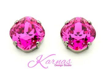 FUCHSIA 12mm Cushion Cut Stud or Drop Earrings *K.D.S. Premium Crystal *Choose Your Finish *Karnas Design Studio™ *Free Shipping