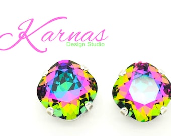 CRYSTAL ELECTRA Cushion Cut 12mm Stud or Drop Earrings K.D.S. Premium Crystal *Choose Your Finish *Karnas Design Studio™ *