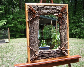 Rustic Red Oak and Pine Cone Mirror