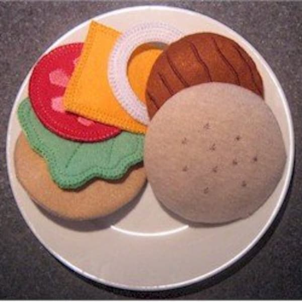 ITH Funky Foods Burger 4x4 machine embroidery in the hoop project - felt hamburger cheese lettuce tomato onion - pretend play - soft toy