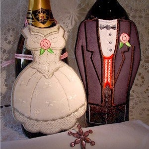 ITH Wedding Bride and Groom Bottle Aprons 5x7 digital download - machine embroidery - made in the hoop project - Hus Pes Jef only