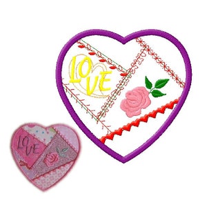 Può includere: Due disegni a forma di cuore. Uno è un patchwork di tessuti rosa con la parola "LOVE" ricamata sopra. L'altro è un cuore più grande con un bordo viola, con la parola "LOVE" in giallo, una rosa rosa e cuciture decorative.