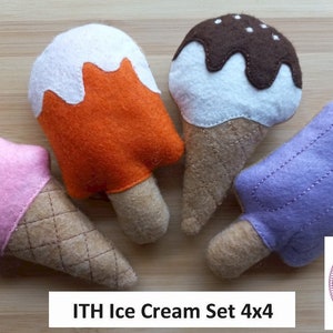 ITH Funky Foods Ice Cream 4x4 Maschinenstickerei im Hoop Projekt - Filz Eistüten Lollies - Sommer Grillen - Spielen vorgeben - Weiches Spielzeug