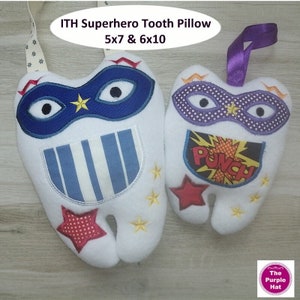 ITH In the Hoop Superhero Tooth Fairy Pillow 5x7 & 6x10 machine embroidery digital download - fun for children  single hooping tooth shaped