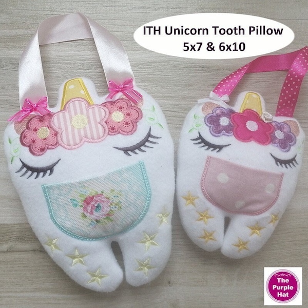 ITH In the Hoop Unicorn Tooth Fairy Pillow 5x7 & 6x10 machine embroidery digital download - fun for children  single hooping tooth shaped