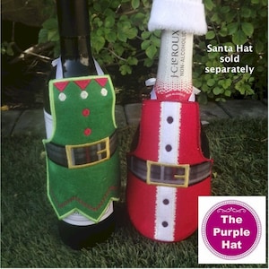 ITH Christmas Bottle Aprons Set 01 5x7 téléchargement numérique - broderie machine - fait dans le projet cerceau - Santa and Elf - idée cadeau de vin