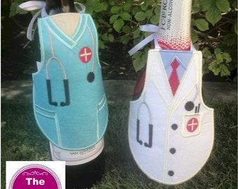 ITH Nurse & Doctor Bottle Aprons digital download - machine embroidery - made in the hoop project - medical scrubs Christmas wine gift idea