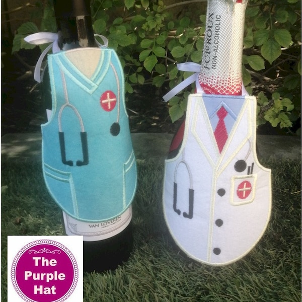 ITH Nurse & Doctor Bottle Aprons digital download - machine embroidery - made in the hoop project - medical scrubs Christmas wine gift idea