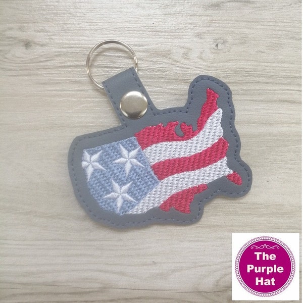 ITH USA map shaped Key Fob or Snap Tab 4x4 machine embroidery in the hoop project - digital download - add to backpack, key chain, summer