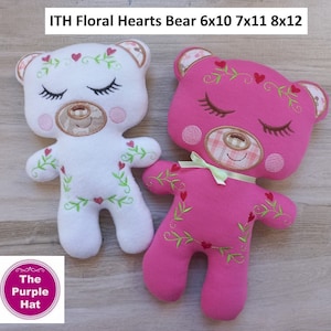 ITH Floral Hearts Stuffed Bear Toy 6x10 7x11 8x12 machine embroidery in the hoop instant digital download add a monogram plush toy