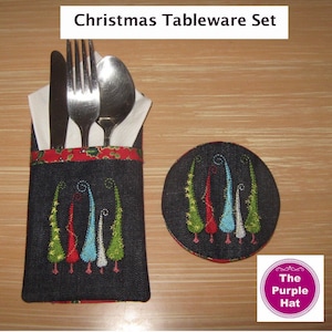 ITH In the Hoop Christmas Trees Tableware set 5x7 machine embroidery digital download - coaster - napkin sleeve/cutlery holder - quick easy