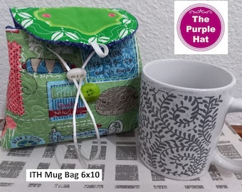 ITH In the Hoop Mug Bag 6x10 machine embroidery digital download - cup carrier bag - pocket - tea coffee hot chocolate - birthday Christmas