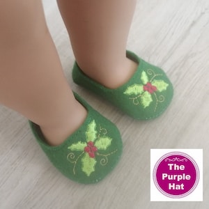 ITH Christmas Holly shoes or slippers for 18 inch doll 4x4 machine embroidery instant download - AG soft body doll - in the hoop project