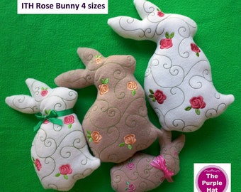 ITH Rose Bunny Juguete de peluche 5x7 6x10 7x11 8x12 bordado a máquina en el aro descarga digital instantánea felpa Easter baby shower cumpleaños