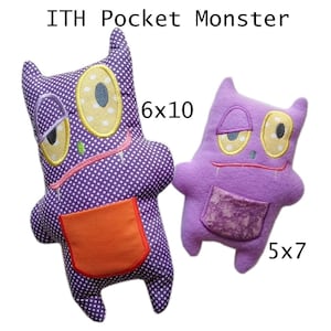 May include: Two plush pocket monsters. One is purple with white polka dots, an orange pocket, and yellow eyes. The other is solid purple with a pocket and yellow eyes. The text "ITH Pocket Monster", "6x10", and "5x7" are visible.