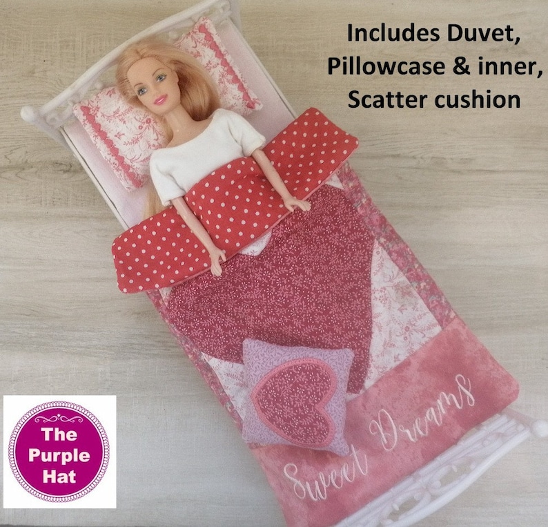 ITH Heart Bedding Set for 11 1/2 inch dolls machine embroidery pillowcase, pillow inner, scatter cushion, duvet Barbie in the hoop bed image 2