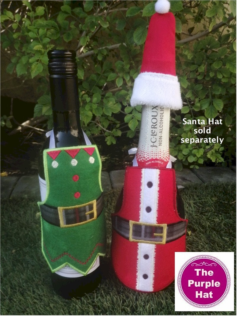 ITH Christmas Bottle Aprons Set 01 5x7 digital download - machine embroidery - made in the hoop project - Santa and Elf - wine gift idea