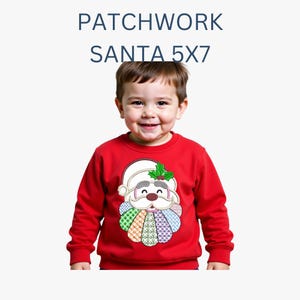 May include: A bright red long-sleeve sweatshirt featuring a central embroidered Santa Claus graphic with a patchwork-style beard in various colors and patterns, topped with green holly leaves. The text PATCHWORK SANTA 5X7 appears above.