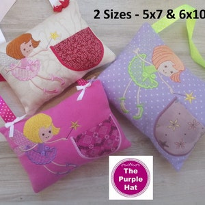 May include: Three embroidered pillow covers featuring fairy designs with pockets. The pillows are in pink, purple, and beige fabric with white polka dots. The text "2 Sizes - 5x7 & 6x10" is visible at the top of the image.