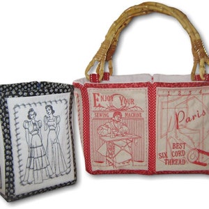 May include: Two fabric sewing accessories: a small box and a tote bag. The box is white with a black floral pattern and a stitched image of two women in dresses. The tote bag has a bamboo handle and red and white panels with sewing-themed graphics and text.
