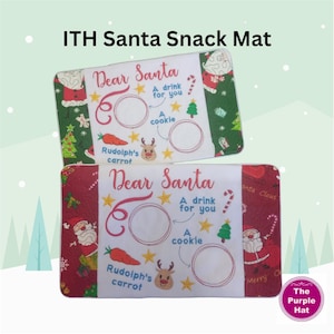 May include: Two rectangular Christmas snack mats. The top mat has a white center with text that reads "Dear Santa", "A drink for you", and "A cookie". The bottom mat has a red border with Santa Claus illustrations.