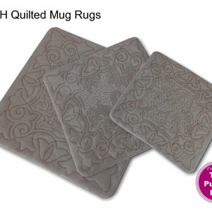 May include: Three square, taupe-coloured quilted mug rugs featuring intricate, stitched scrollwork patterns. The text "ITH Quilted Mug Rugs" appears at the top, and a circular purple logo with the text "The Purple Hat" is in the bottom right corner.