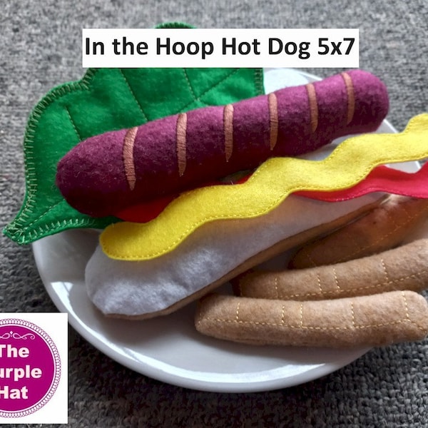 ITH Funky Foods Hot Dog 5x7 machine embroidery in the hoop project - felt hot dog fries roll sauce sausage lettuce - pretend play - soft toy