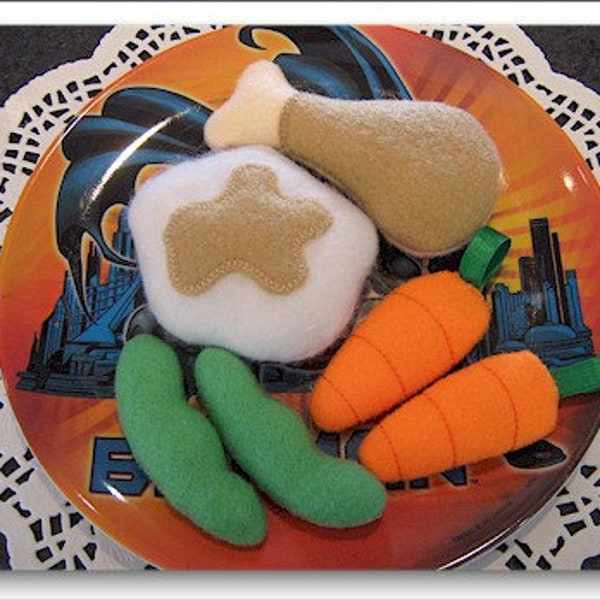 ITH Funky Food Dinner 4x4 machine embroidery in the hoop project - felt food - pretend play - chicken potato green beans carrots - soft toy