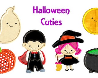May include: A collection of six embroidered Halloween-themed patches featuring a cream ghost, a red and white polka dot pumpkin, a vampire in a black suit, a witch with pink hair, a yellow moon, and a black cauldron with green liquid. Text reads Halloween Cuties.