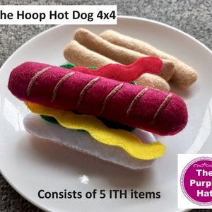 ITH Funky Foods Hot Dog 4x4 machine embroidery in the hoop project - felt hot dog fries roll sauce sausage lettuce - pretend play - soft toy