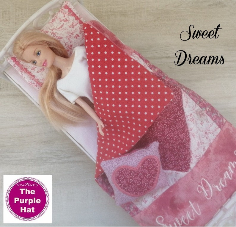 ITH Heart Bedding Set for 11 1/2 inch dolls machine embroidery pillowcase, pillow inner, scatter cushion, duvet Barbie in the hoop bed image 6