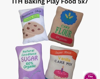 ITH Funky Foods Baking Ingredients 5x7 machine embroidery in the hoop project - felt flour sugar cake mix cookie mix pretend play - soft toy